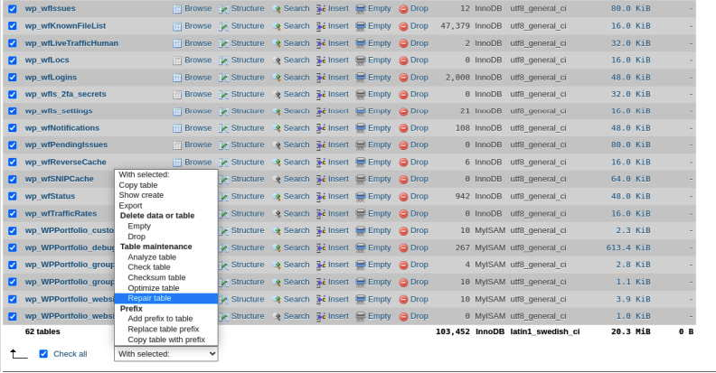 Opción Repair table en phpMyAdmin con todas las tablas seleccionadas