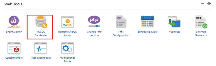 Sección Web Tools del panel de hosting, con MySQL Databases destacado